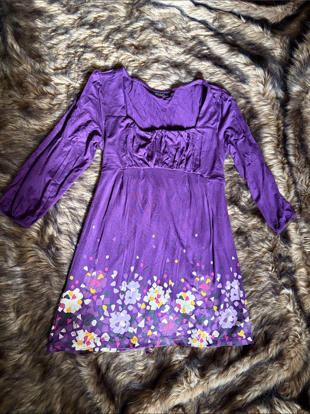 XSIDE 3/4 Sleeve Purple Floral Border Casual Dress